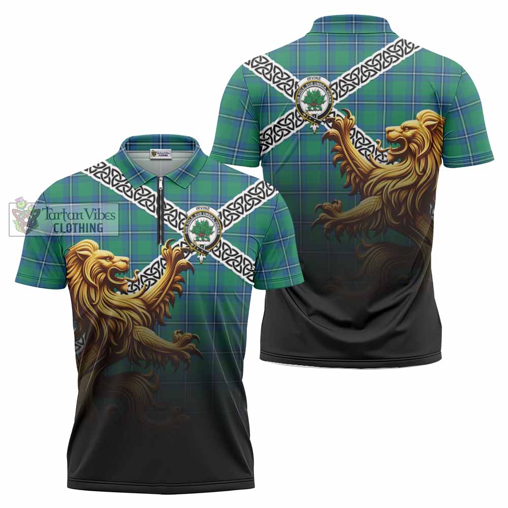 Tartan Vibes Clothing Irvine Crest Tartan Zipper Polo Shirt with Golden Lion Emblem Celtic Style