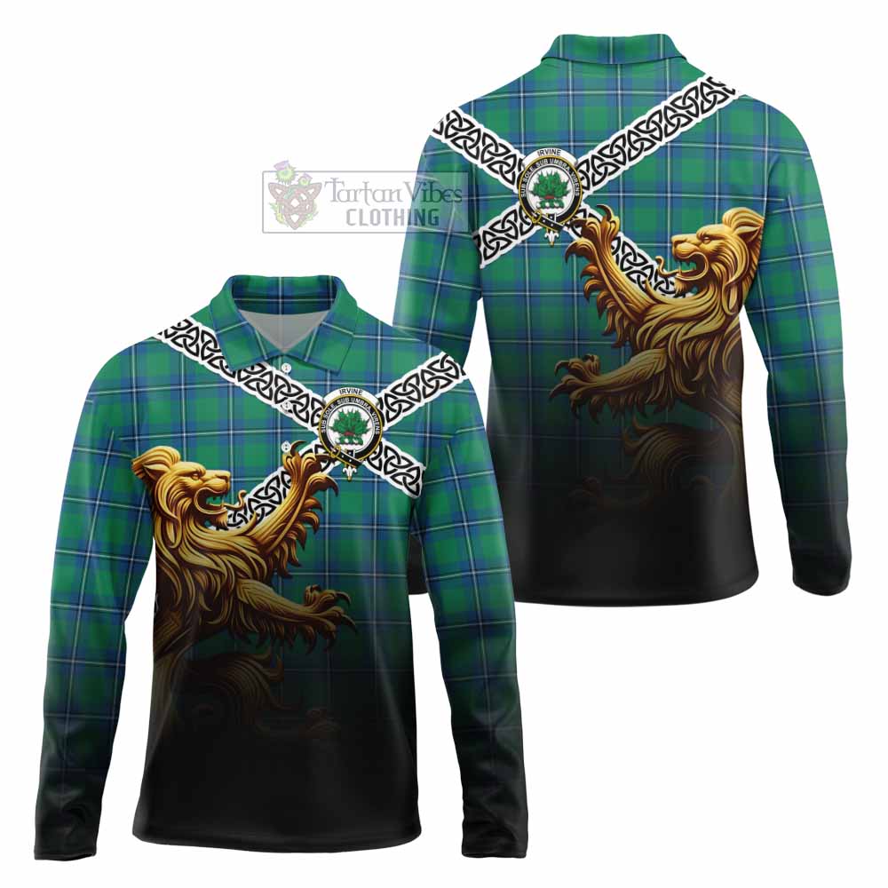 Tartan Vibes Clothing Irvine Crest Tartan Long Sleeve Polo Shirt with Golden Lion Emblem Celtic Style