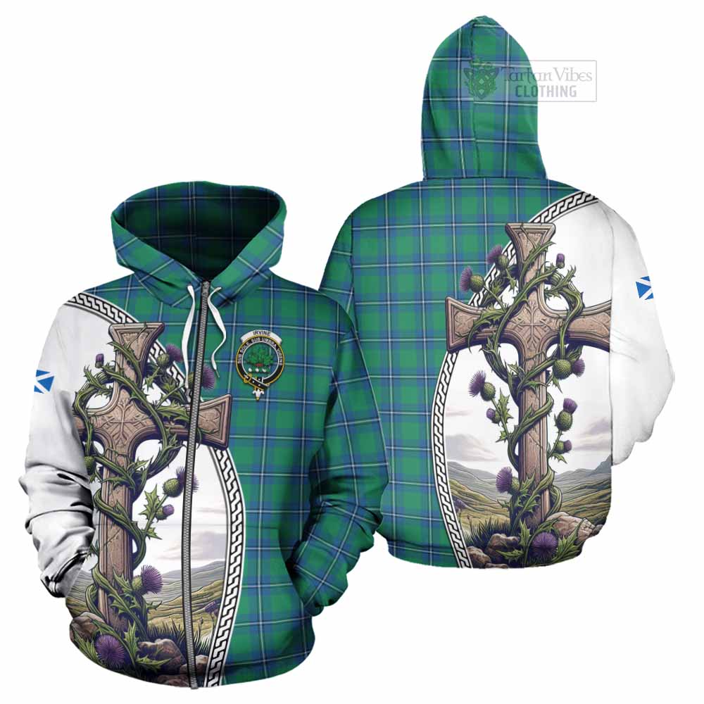 Tartan Vibes Clothing Irvine Tartan Hoodie with Family Crest and St. Andrew's Cross Accented by Thistle Vines