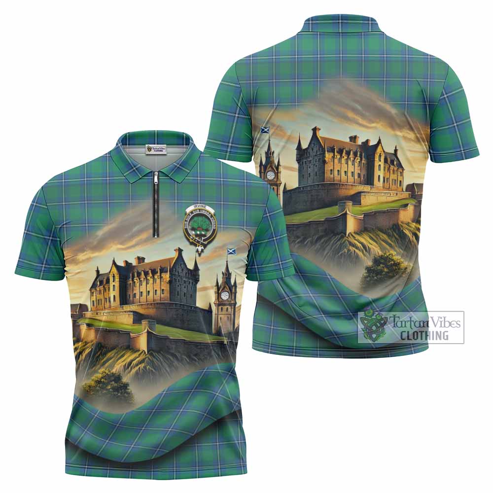 Tartan Vibes Clothing Irvine Tartan Family Crest Zipper Polo Shirt with Scottish Ancient Castle Stype