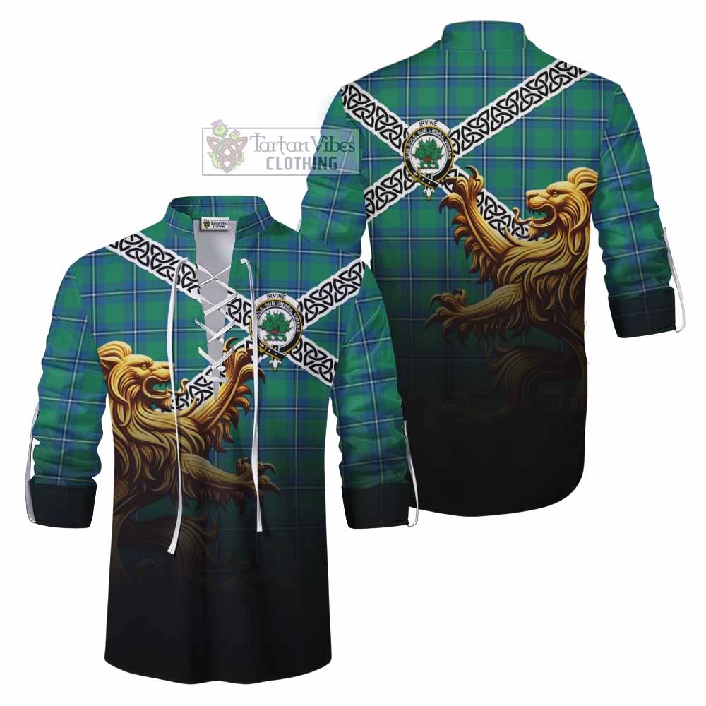 Tartan Vibes Clothing Irvine Crest Tartan Ghillie Kilt Shirt with Golden Lion Emblem Celtic Style
