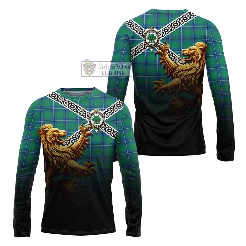 Tartan Vibes Clothing Irvine Crest Tartan Long Sleeve T-Shirt with Golden Lion Emblem Celtic Style