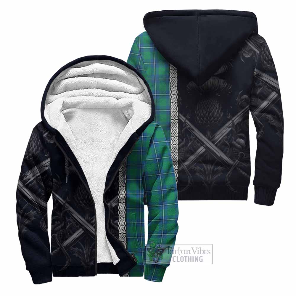 Tartan Vibes Clothing Irvine Tartan Sherpa Hoodie with Family Crest Cross Sword Thistle Celtic Vibes