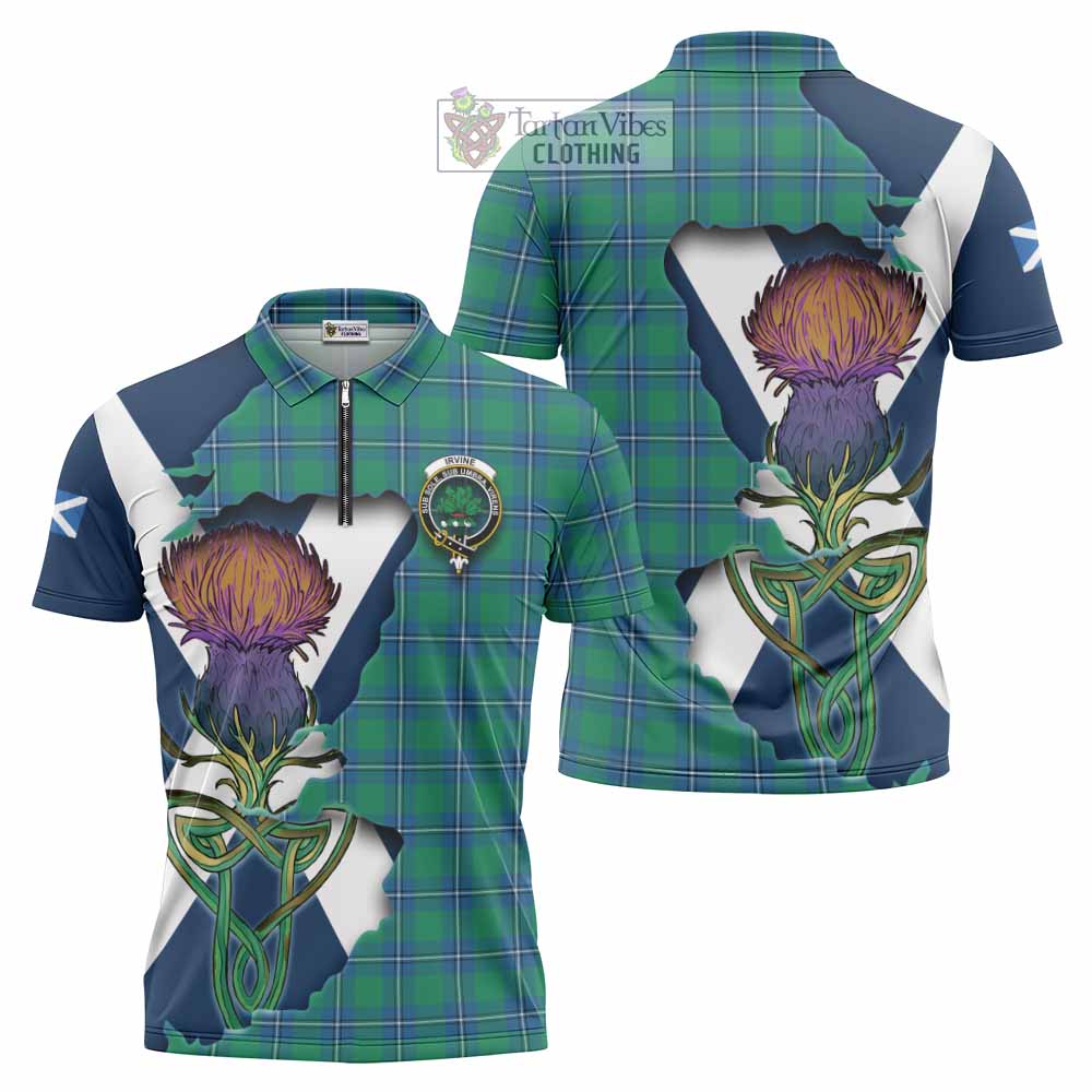 Tartan Vibes Clothing Irvine Tartan Family Crest Zipper Polo Shirt Scottish Thistle Celtic Inspired