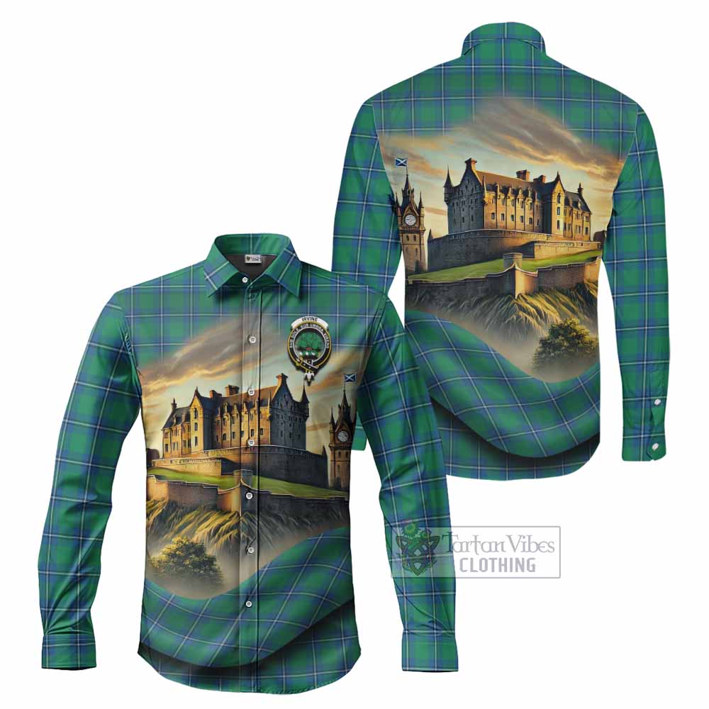 Tartan Vibes Clothing Irvine Tartan Family Crest Long Sleeve Button Shirt with Scottish Ancient Castle Style