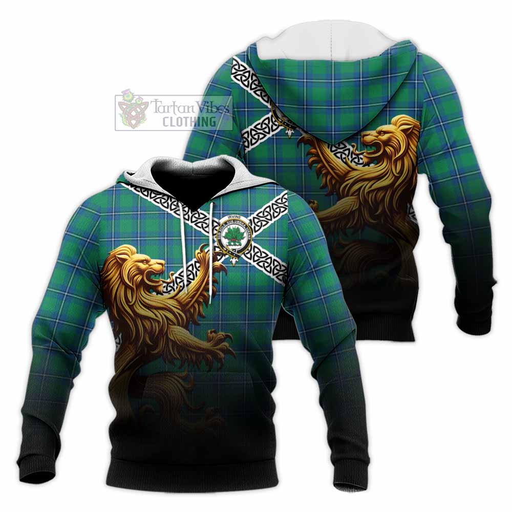 Tartan Vibes Clothing Irvine Crest Tartan Knitted Hoodie with Golden Lion Emblem Celtic Style