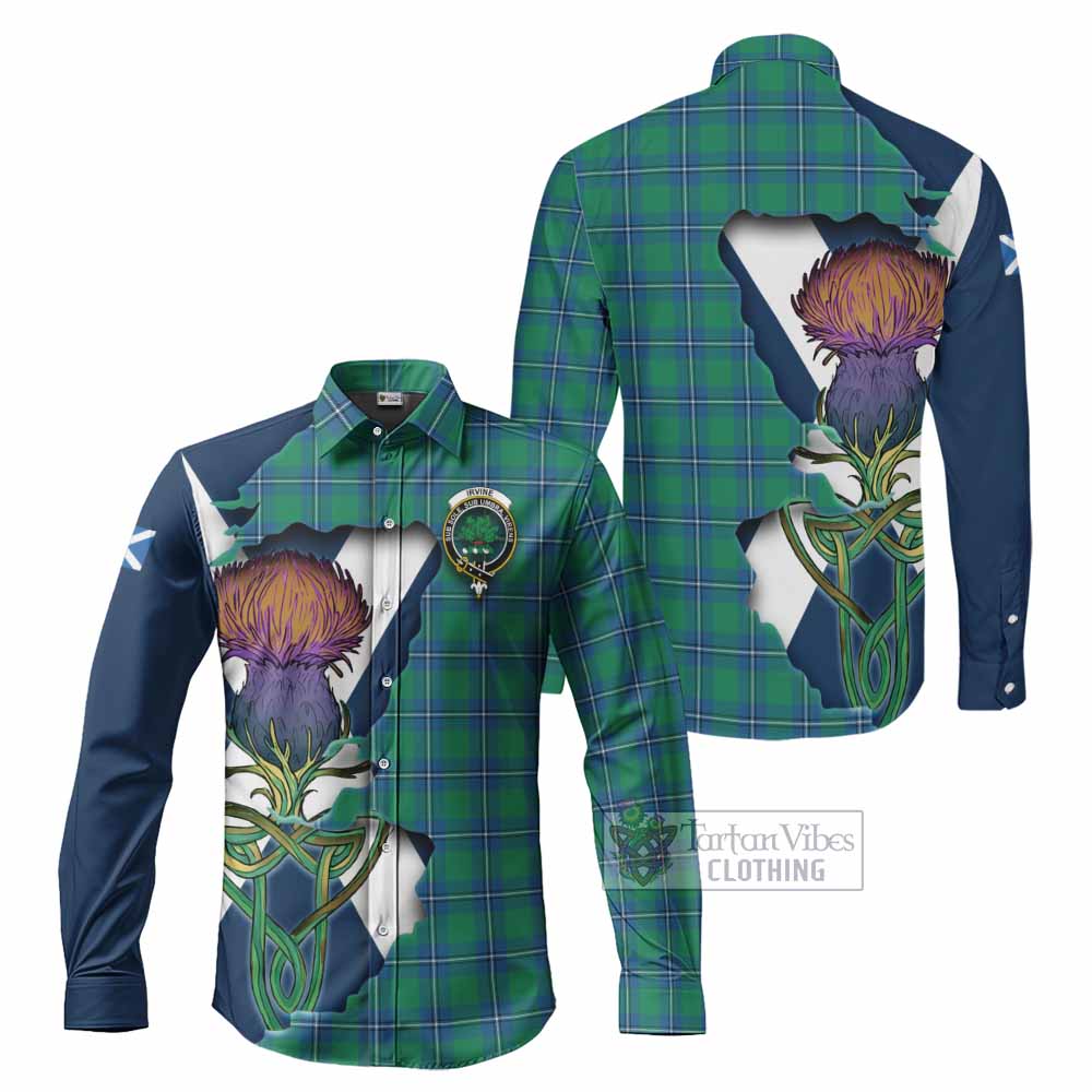 Tartan Vibes Clothing Irvine Tartan Family Crest Long Sleeve Button Shirt Scottish Thistle Celtic Inspired