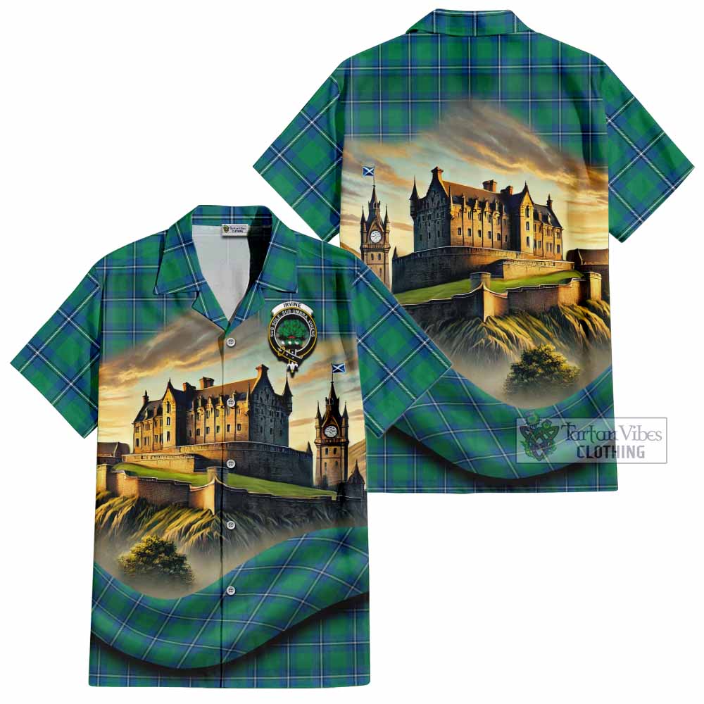 Tartan Vibes Clothing Irvine Tartan Family Crest Short Sleeve Button Shirt with Scottish Ancient Castle Style