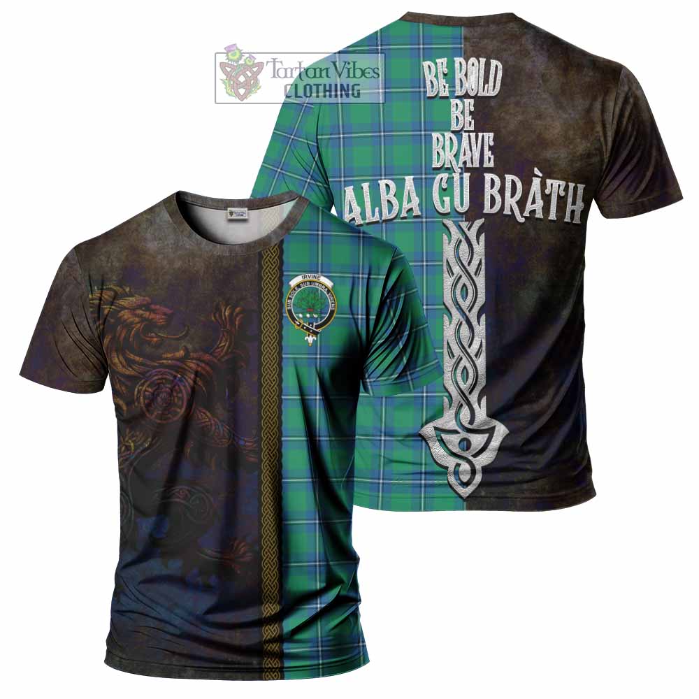 Tartan Vibes Clothing Irvine Tartan Family Crest T-Shirt Alba Gu Brath Be Brave Lion Ancient Style