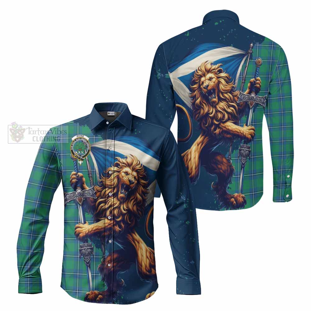 Tartan Vibes Clothing Irvine Tartan Family Crest Long Sleeve Button Shirt with Scottish Majestic Lion
