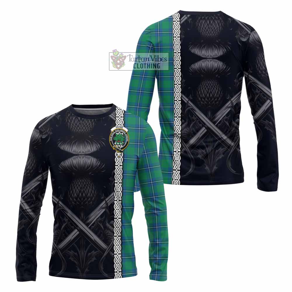 Tartan Vibes Clothing Irvine Tartan Long Sleeve T-Shirt with Family Crest Cross Sword Thistle Celtic Vibes