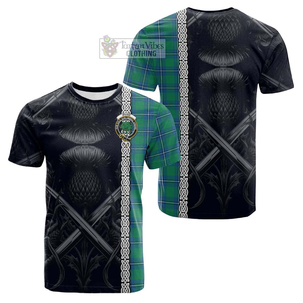 Tartan Vibes Clothing Irvine Tartan Cotton T-shirt with Family Crest Cross Sword Thistle Celtic Vibes