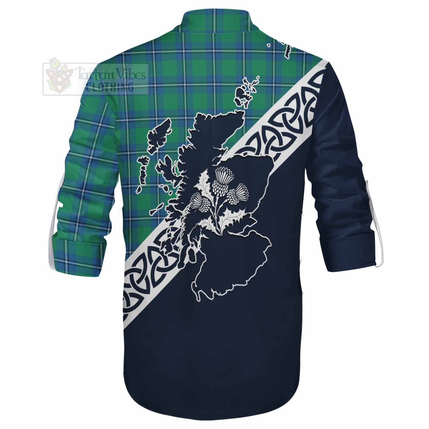 Tartan Vibes Clothing Irvine Tartan Ghillie Kilt Shirt Featuring Thistle and Scotland Map
