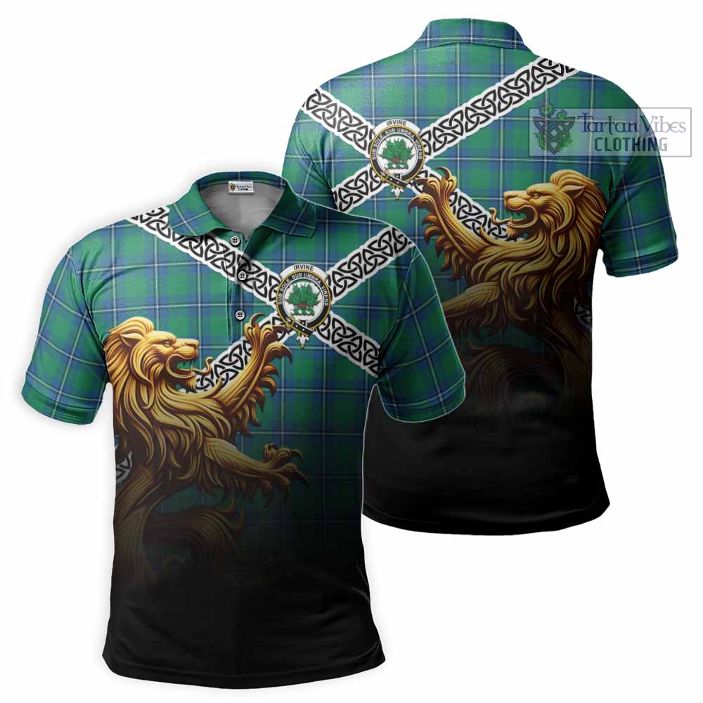 Tartan Vibes Clothing Irvine Crest Tartan Polo Shirt with Golden Lion Emblem Celtic Style