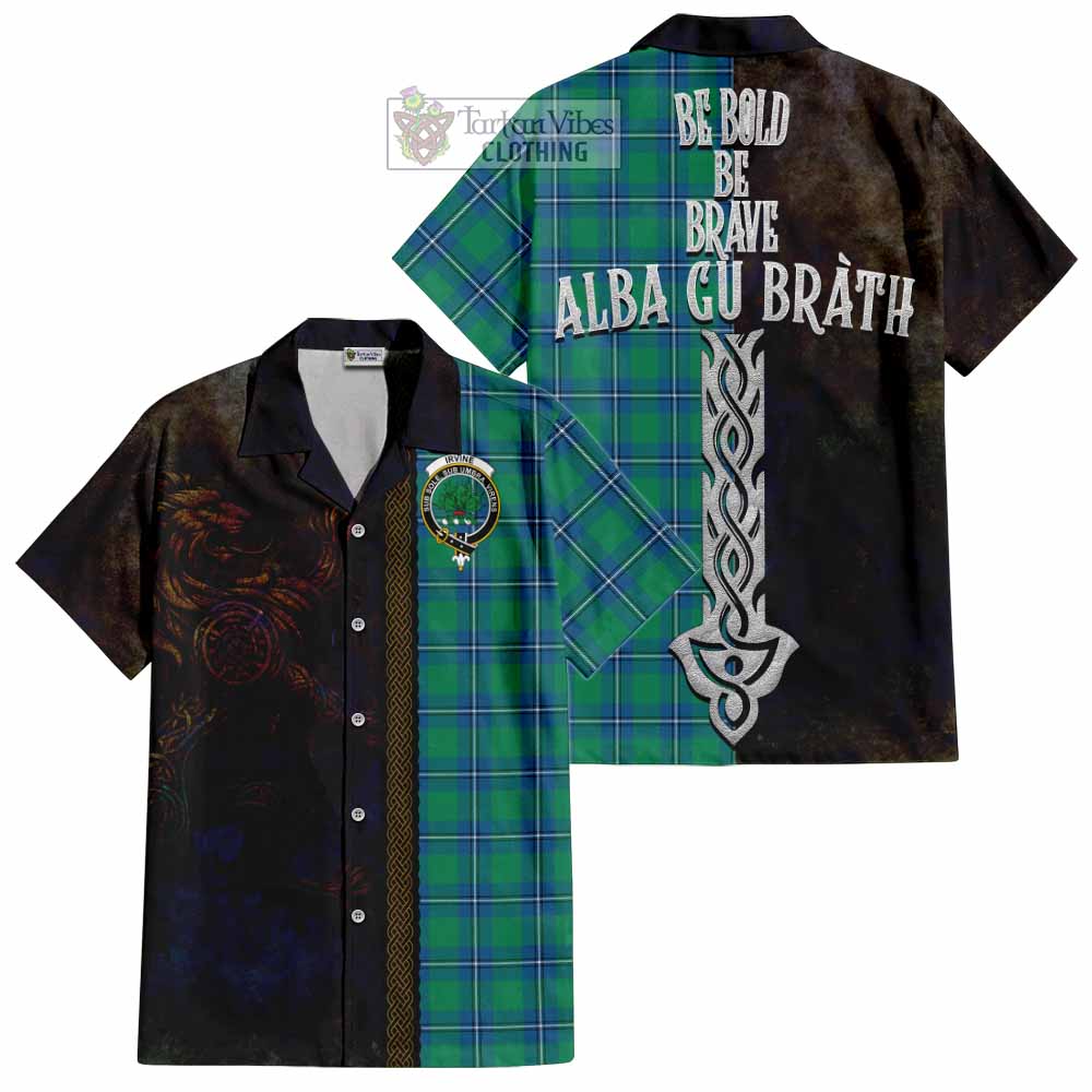 Tartan Vibes Clothing Irvine Tartan Family Crest Short Sleeve Button Shirt Alba Gu Brath Be Brave Lion Ancient Style
