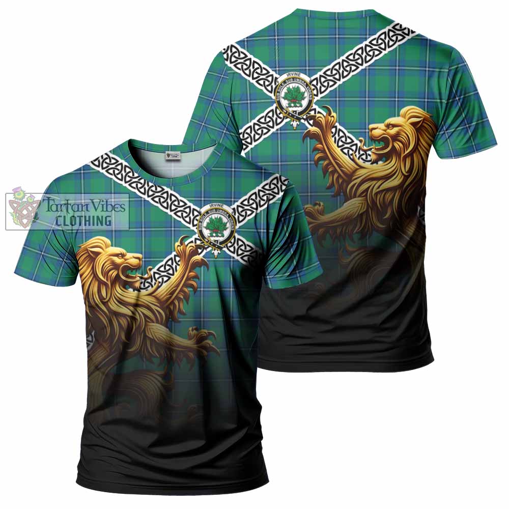 Tartan Vibes Clothing Irvine Crest Tartan T-Shirt with Golden Lion Emblem Celtic Style