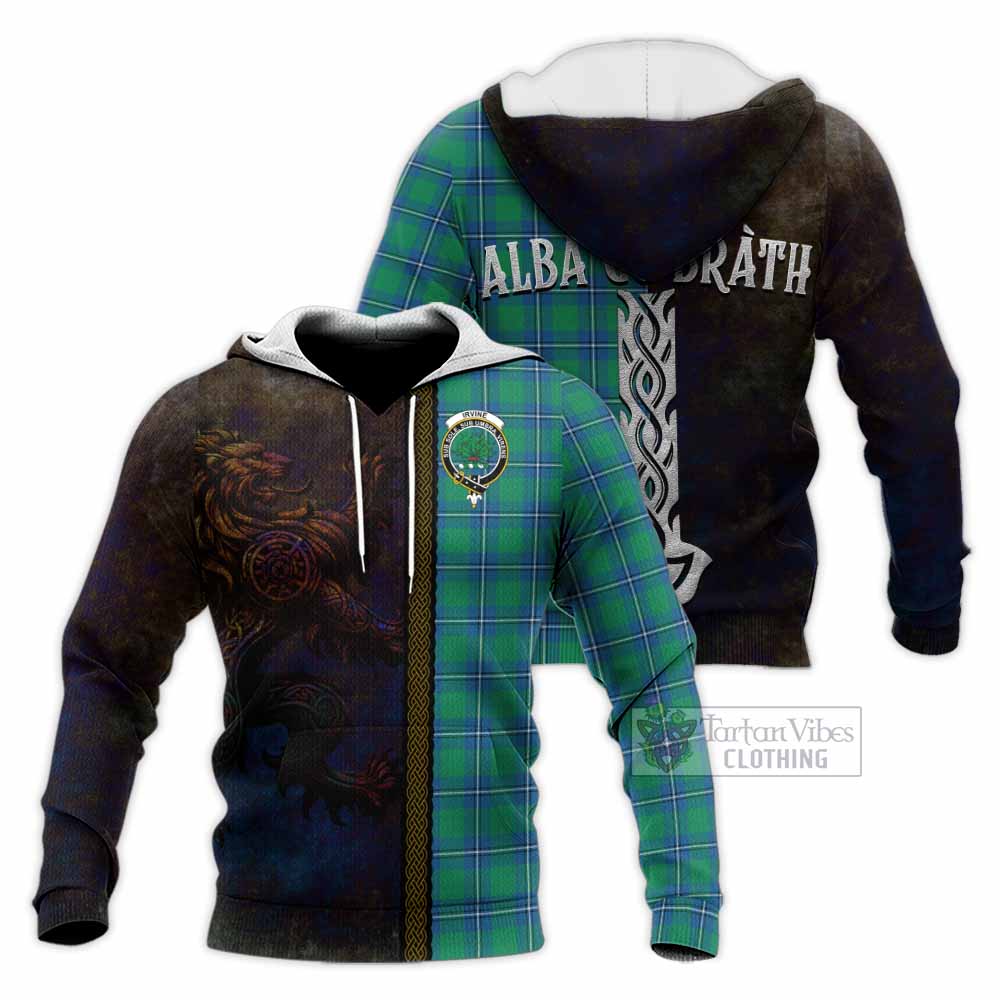 Tartan Vibes Clothing Irvine Tartan Family Crest Knitted Hoodie Alba Gu Brath Be Brave Lion Ancient Style