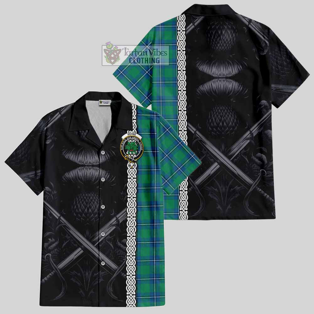 Tartan Vibes Clothing Irvine Tartan Short Sleeve Button Shirt with Family Crest Cross Sword Thistle Celtic Vibes
