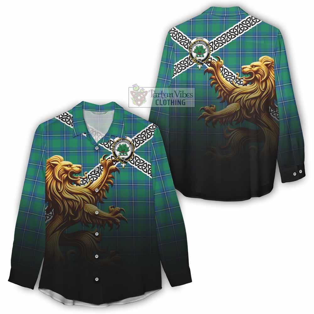 Tartan Vibes Clothing Irvine Crest Tartan Women's Casual Shirt with Golden Lion Emblem Celtic Style