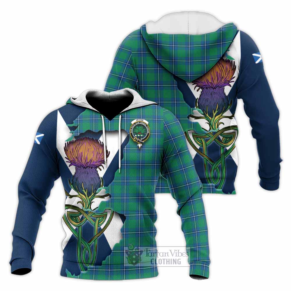 Tartan Vibes Clothing Irvine Tartan Family Crest Knitted Hoodie Scottish Thistle Celtic Inspired