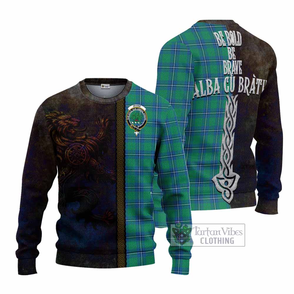 Tartan Vibes Clothing Irvine Tartan Family Crest Knitted Sweater Alba Gu Brath Be Brave Lion Ancient Style
