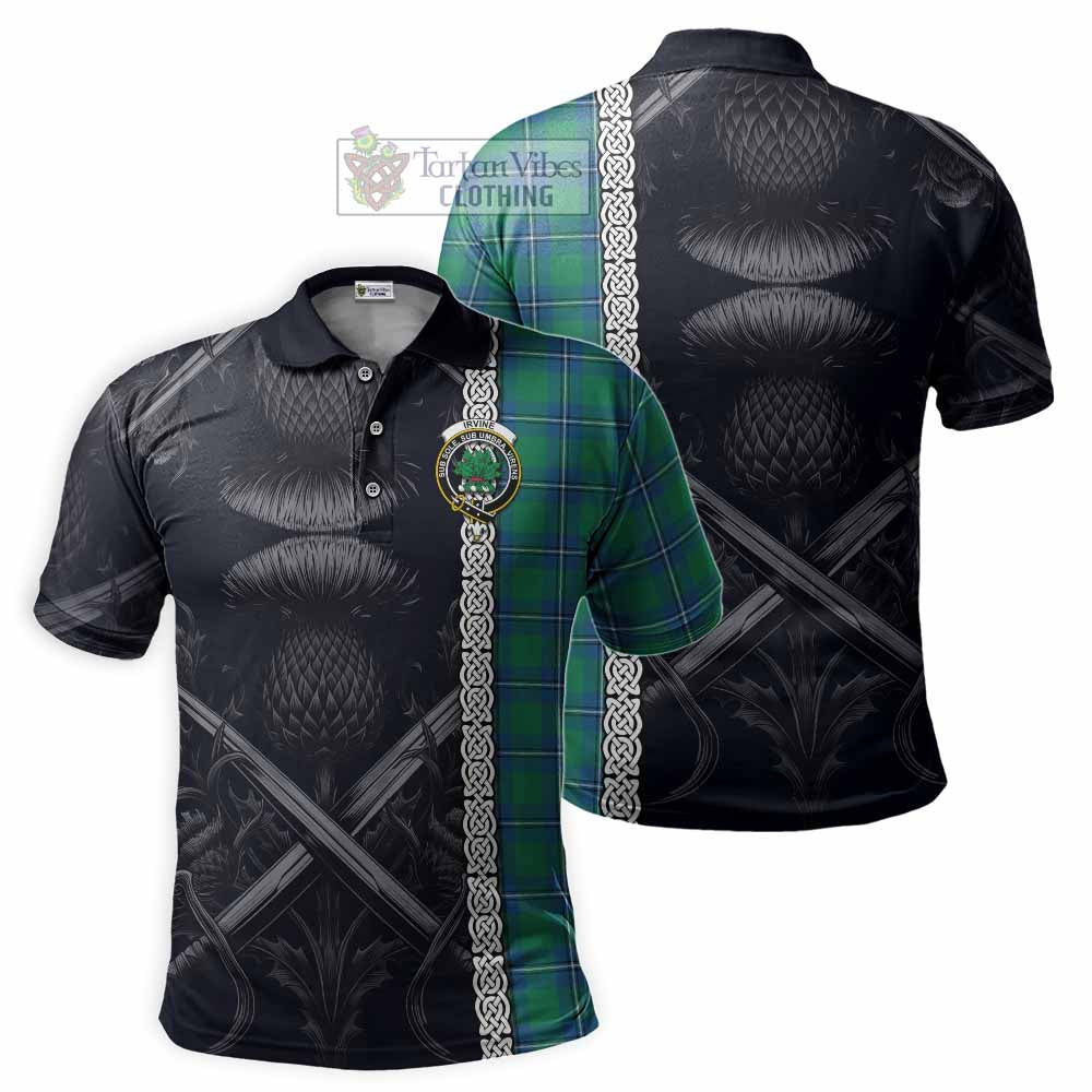 Tartan Vibes Clothing Irvine Tartan Polo Shirt with Family Crest Cross Sword Thistle Celtic Vibes