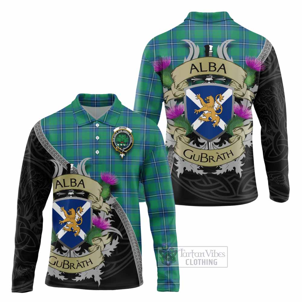 Tartan Vibes Clothing Irvine Tartan Family Crest Long Sleeve Polo Shirt Lion Rampant Royal Thistle Shield Celtic Inspired