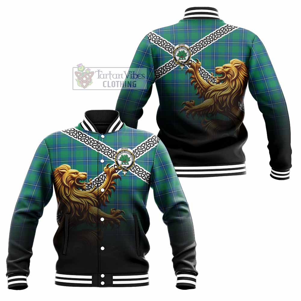 Tartan Vibes Clothing Irvine Crest Tartan Baseball Jacket with Golden Lion Emblem Celtic Style