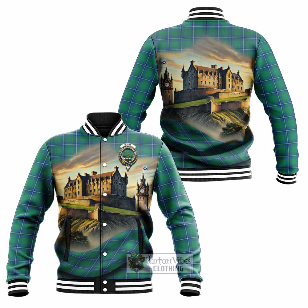 Tartan Vibes Clothing Irvine Tartan Family Crest Baseball Jacket with Scottish Ancient Castle Style