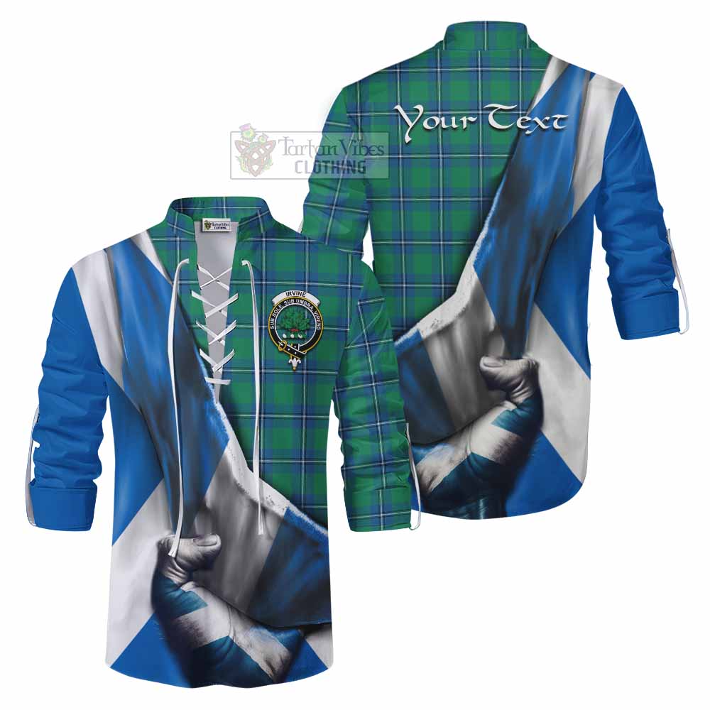 Tartan Vibes Clothing Irvine Tartan Ghillie Kilt Shirt with Family Crest Scotland Patriotic Style