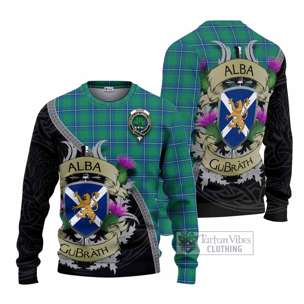 Tartan Vibes Clothing Irvine Tartan Family Crest Knitted Sweater Lion Rampant Royal Thistle Shield Celtic Inspired