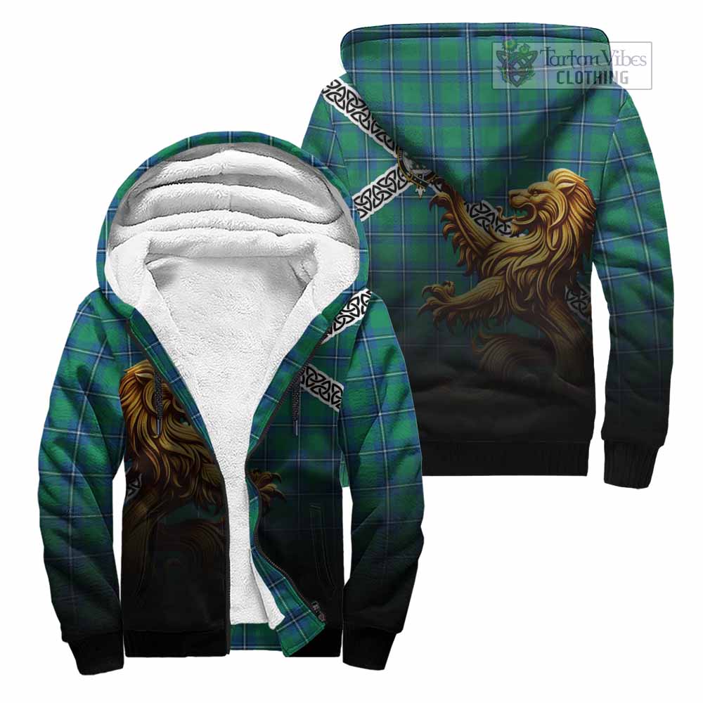 Tartan Vibes Clothing Irvine Crest Tartan Sherpa Hoodie with Golden Lion Emblem Celtic Style