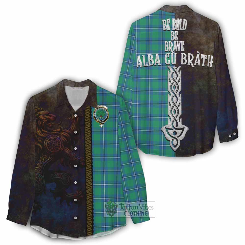 Tartan Vibes Clothing Irvine Tartan Family Crest Women's Casual Shirt Alba Gu Brath Be Brave Lion Ancient Style