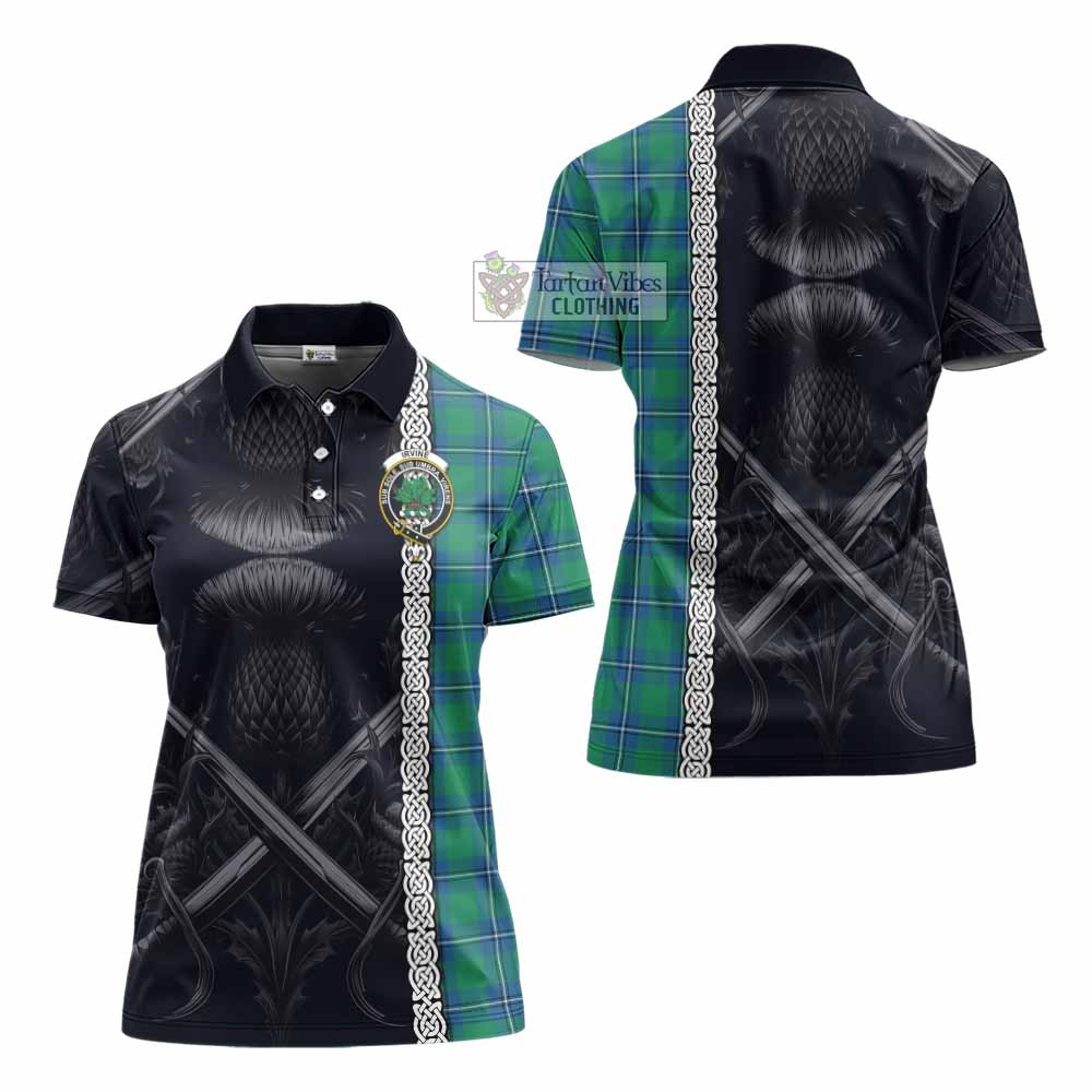 Tartan Vibes Clothing Irvine Tartan Women's Polo Shirt with Family Crest Cross Sword Thistle Celtic Vibes