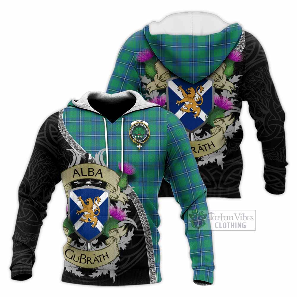 Tartan Vibes Clothing Irvine Tartan Family Crest Knitted Hoodie Lion Rampant Royal Thistle Shield Celtic Inspired