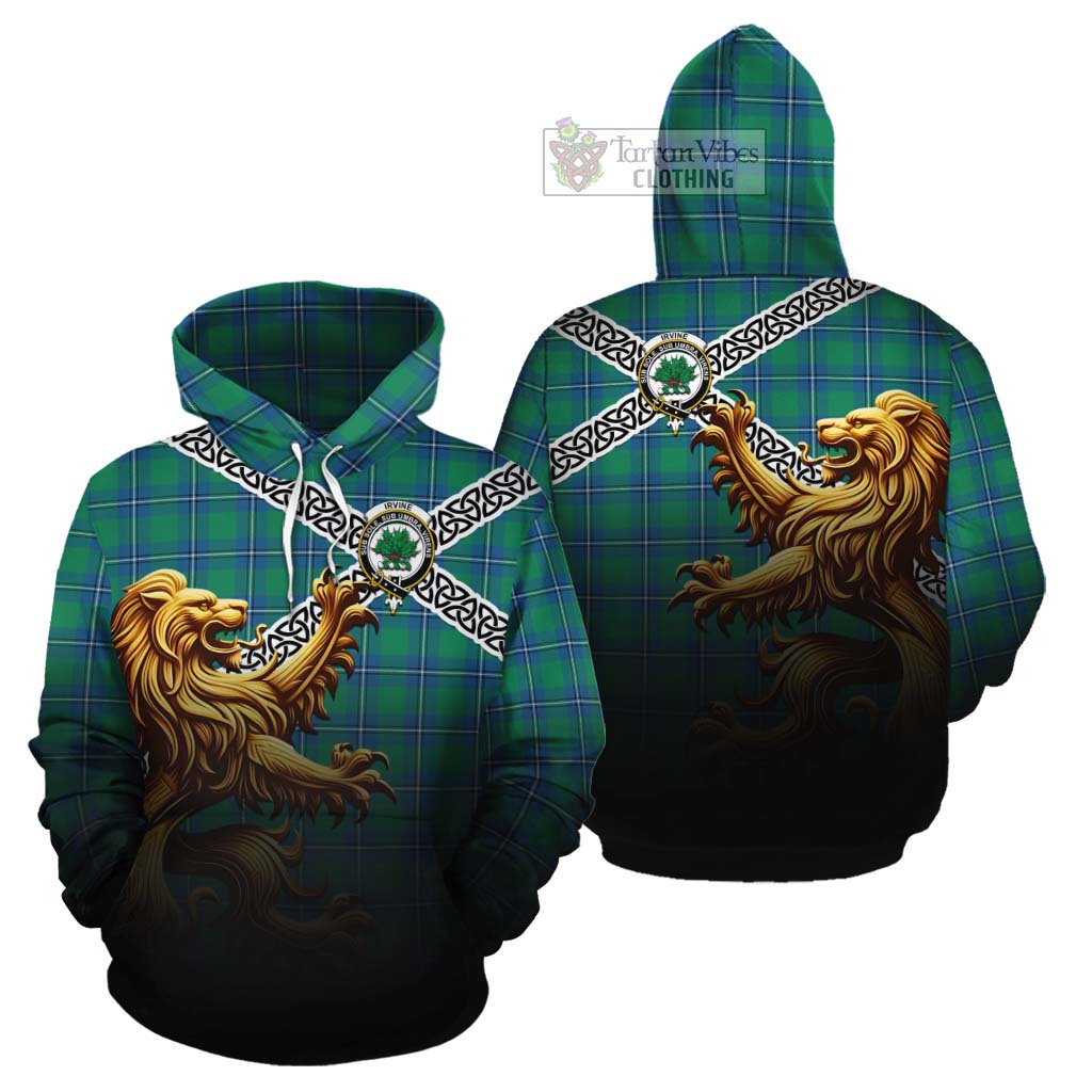 Tartan Vibes Clothing Irvine Crest Tartan Cotton Hoodie with Golden Lion Emblem Celtic Style