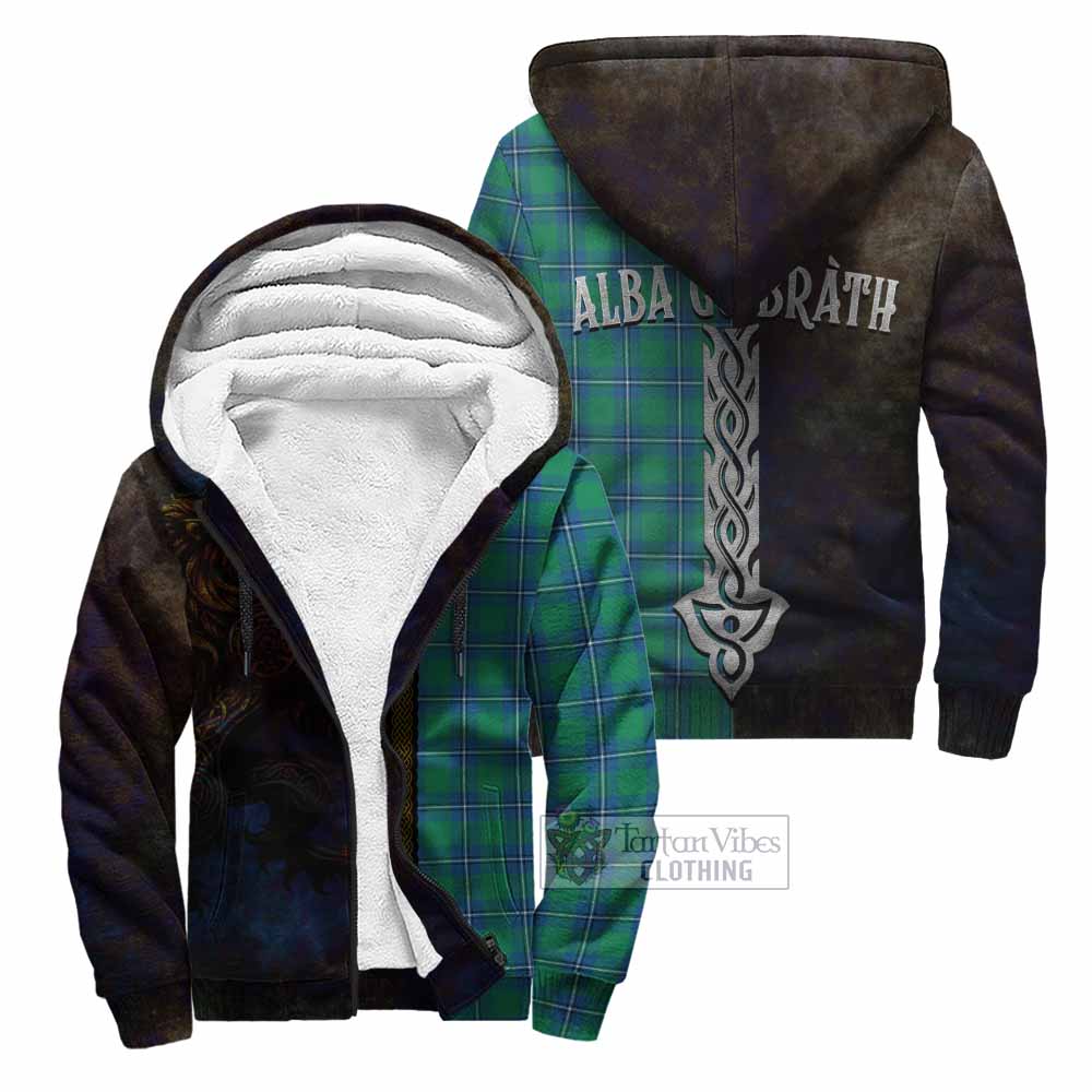 Tartan Vibes Clothing Irvine Tartan Family Crest Sherpa Hoodie Alba Gu Brath Be Brave Lion Ancient Style