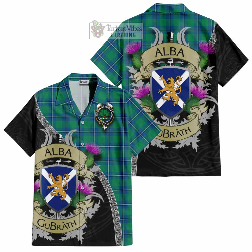 Tartan Vibes Clothing Irvine Tartan Family Crest Short Sleeve Button Shirt Lion Rampant Royal Thistle Shield Celtic Inspired