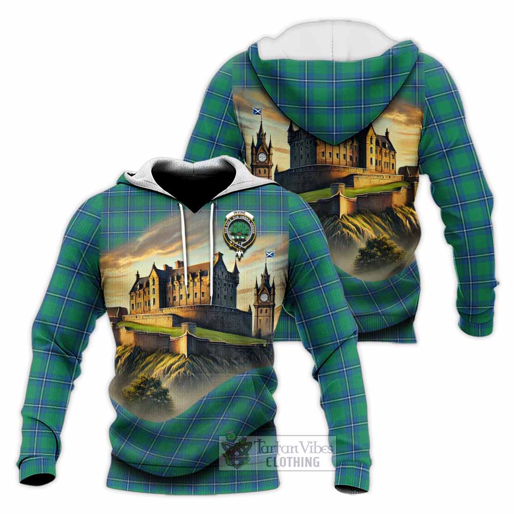 Tartan Vibes Clothing Irvine Tartan Family Crest Knitted Hoodie with Scottish Ancient Castle Style