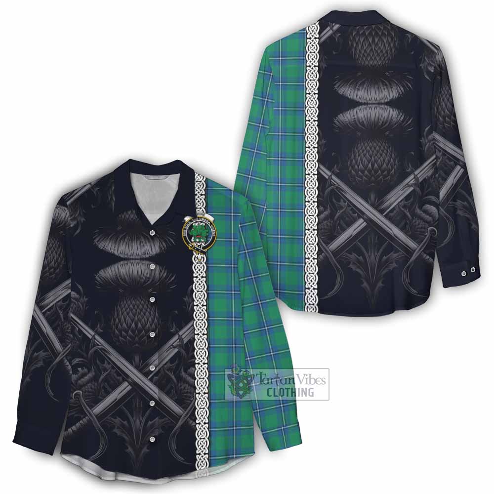 Tartan Vibes Clothing Irvine Tartan Women's Casual Shirt with Family Crest Cross Sword Thistle Celtic Vibes