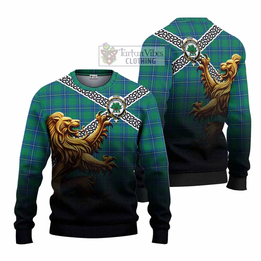 Tartan Vibes Clothing Irvine Crest Tartan Knitted Sweater with Golden Lion Emblem Celtic Style