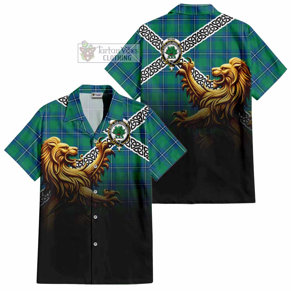 Tartan Vibes Clothing Irvine Crest Tartan Short Sleeve Button Shirt with Golden Lion Emblem Celtic Style