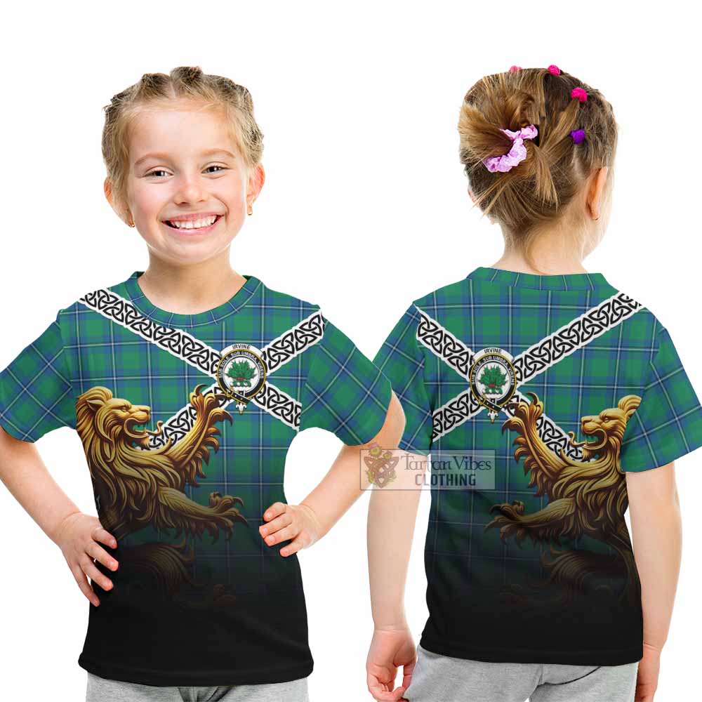 Tartan Vibes Clothing Irvine Crest Tartan Kid T-Shirt with Golden Lion Emblem Celtic Style