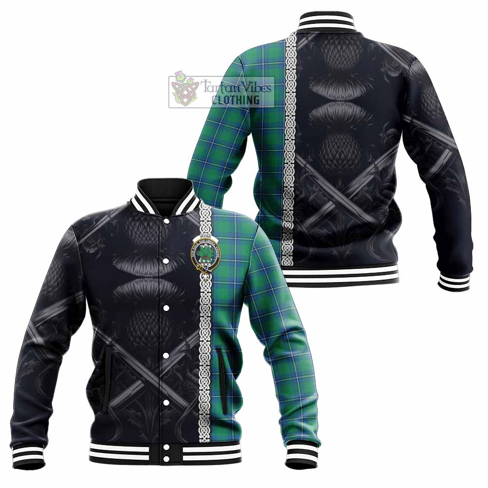 Tartan Vibes Clothing Irvine Tartan Baseball Jacket with Family Crest Cross Sword Thistle Celtic Vibes