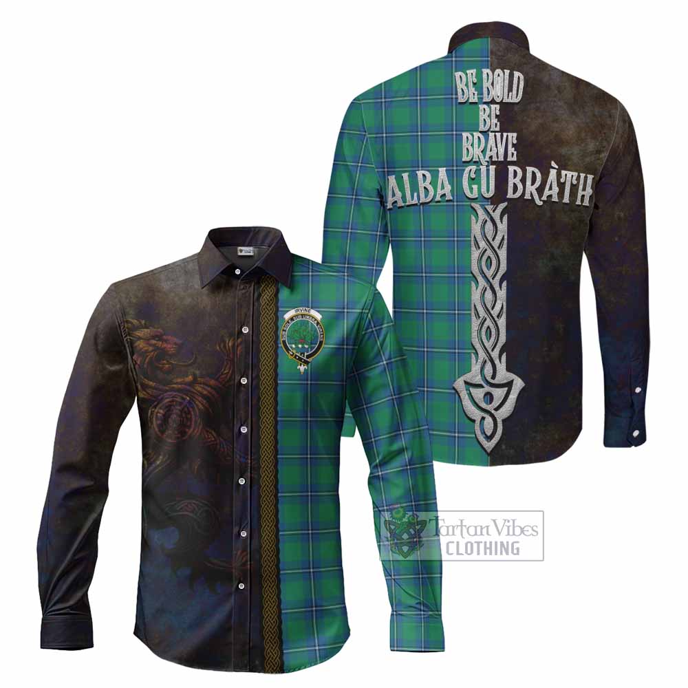 Tartan Vibes Clothing Irvine Tartan Family Crest Long Sleeve Button Shirt Alba Gu Brath Be Brave Lion Ancient Style