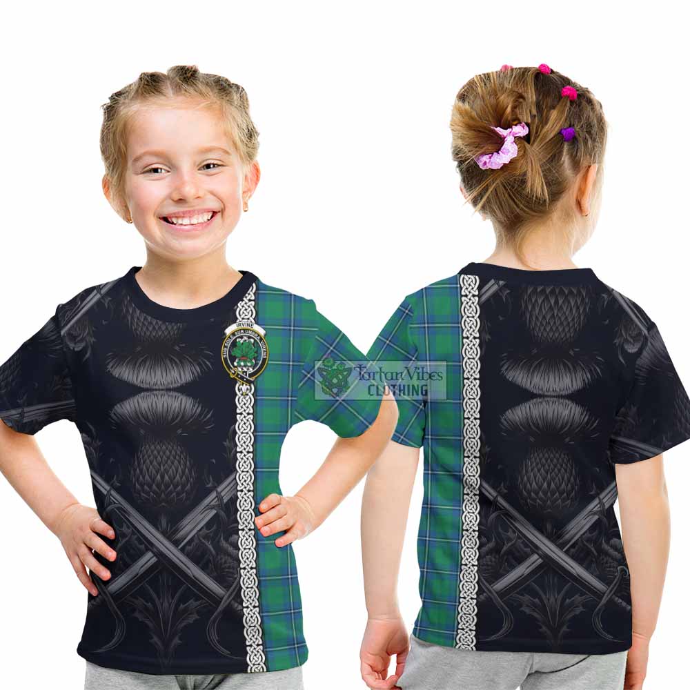 Tartan Vibes Clothing Irvine Tartan Kid T-Shirt with Family Crest Cross Sword Thistle Celtic Vibes