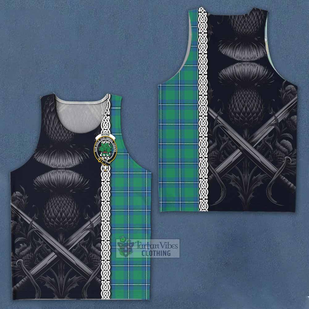 Tartan Vibes Clothing Irvine Tartan Men's Tank Top with Family Crest Cross Sword Thistle Celtic Vibes