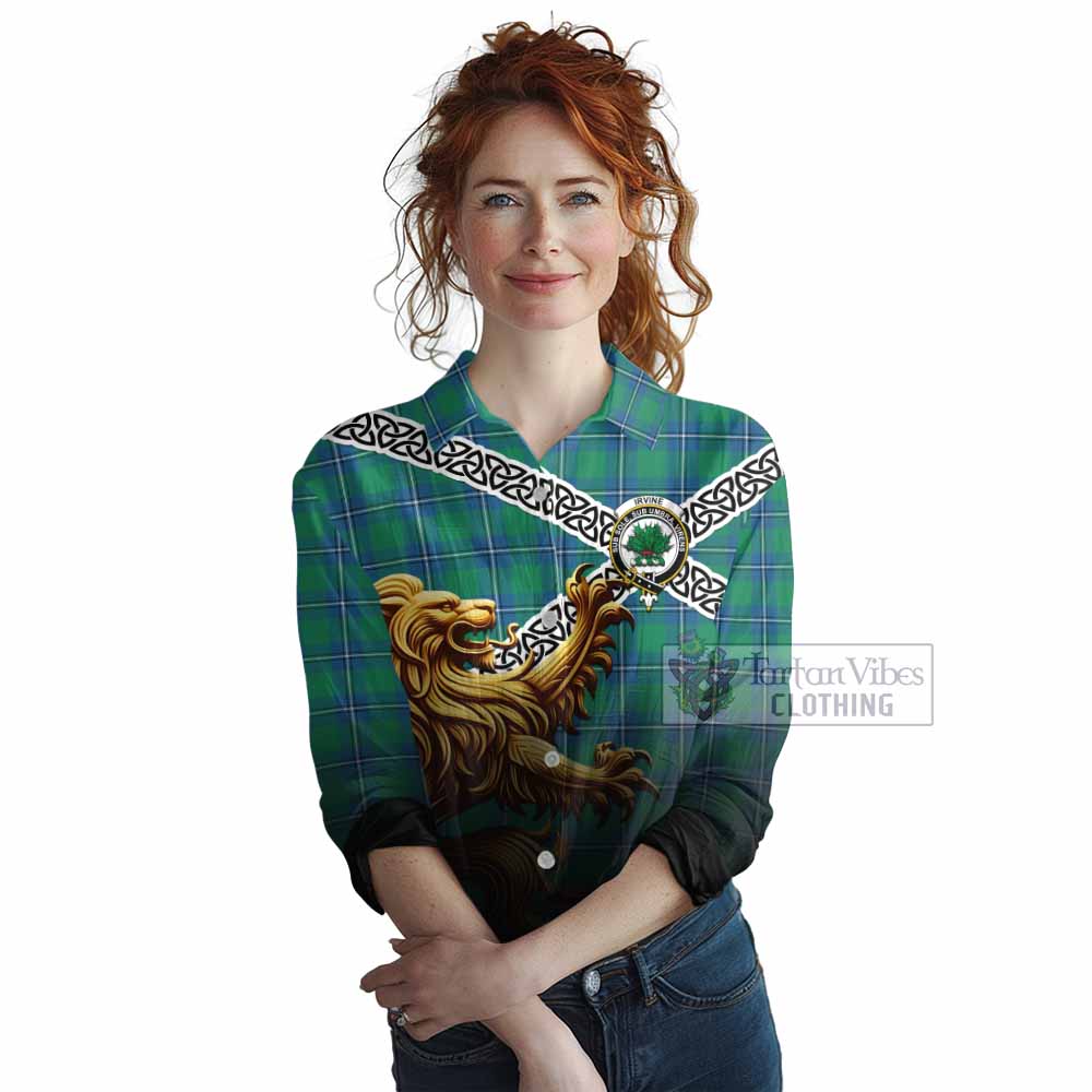 Tartan Vibes Clothing Irvine Crest Tartan Women's Casual Shirt with Golden Lion Emblem Celtic Style