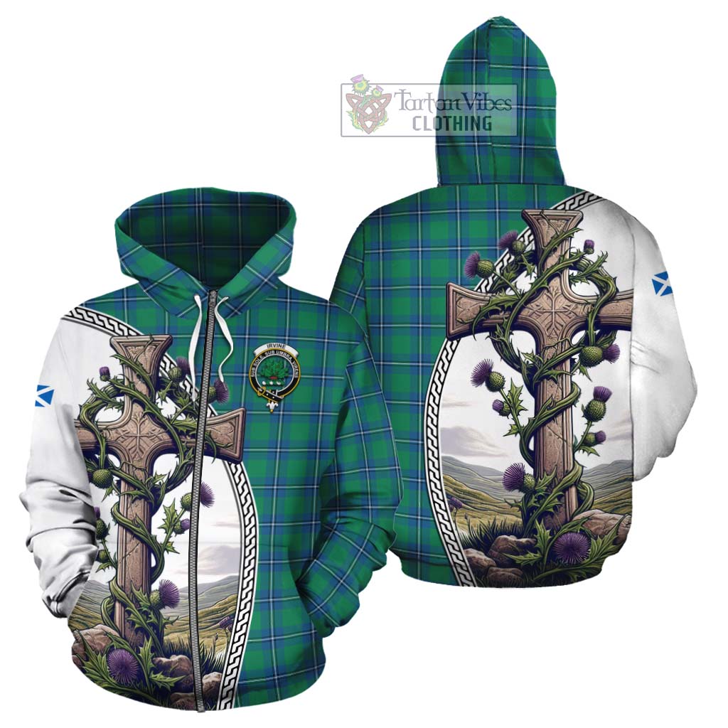 Tartan Vibes Clothing Irvine Tartan Cotton Hoodie with Family Crest and St. Andrew's Cross Accented by Thistle Vines