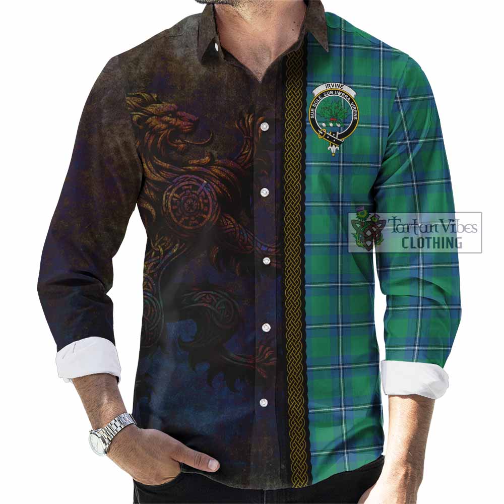 Tartan Vibes Clothing Irvine Tartan Family Crest Long Sleeve Button Shirt Alba Gu Brath Be Brave Lion Ancient Style